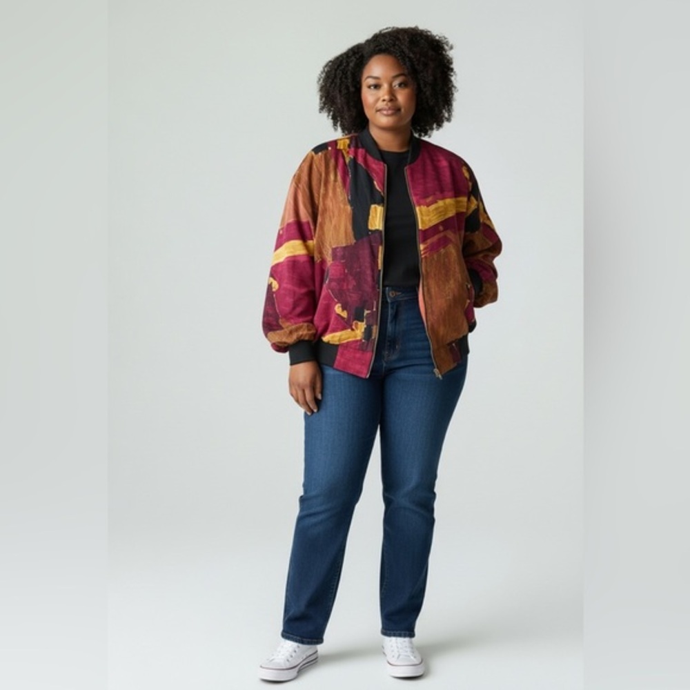 Vintage Cascais Colorful Painterly Abstract Bomber Jacket Size Large